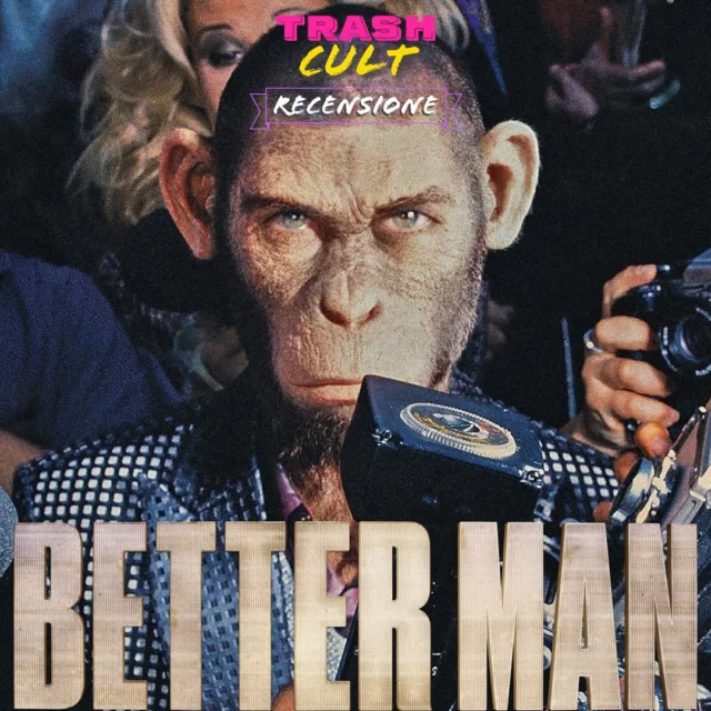 Uh
*****************************************
BETTER MAN di Michael Gracey (2024)

Vita, musica e demoni dello scimpanzé Robbie Williams, ex Take That diventato pop star cult.

A ape is born. Pop star “primati” sull’orlo di una crisi di nervi. Successo/caduta/ri-successo del mito di Robbie Williams, controversa icona british che in qualche modo ha segnato un epoca. Anni fa ci aveva provato pure Celentano a fare il musicarello scimmiesco. Ora Williams, in versione “Cesare”, racconta la sua vita a 100km orari tra cielo e terra (quasi sottoterra) a testa in giù. E in qualche modo fa centro. Lontano dai soliti musical-biopic recenti costruiti con lo stampino (Bohemian Rhapsody o Back to black), Williams ci mette la vita, Michael Gracey ci mette lo sguardo selvaggio. E l’operazione incredibilmente funziona. Vorticoso ma sincero. Bizzarro ma coinvolgente. Robbie Williams viene fatto a pezzi tra padri assenti, nonne materne, depressione, droghe e banane. Senza per forza risultare simpatico a tutti i costi. Peccato per il flop ai botteghini. Forse avrebbe meritato di più.

#BetterMan #RobbieWilliams #MichaelGracey #trashcult #trashcultdotcom www.trashcult.com